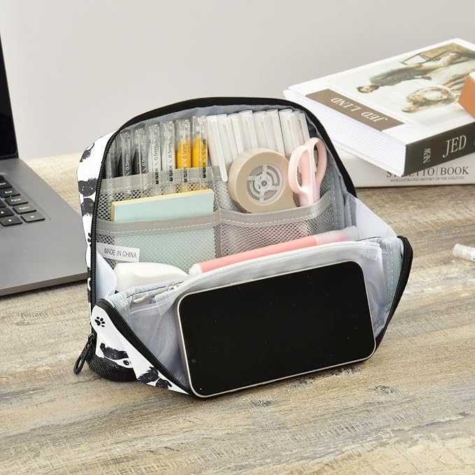 Aslsiy Large Capacity Pencil Case Dog_ Paws Border Collie White Pencil Pouch for Boys Girls Portable Pen Bag Organizer Standing Makeup Bag for School Office Supplies