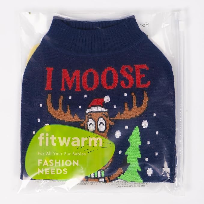 Fitwarm Funny Moose Dog Ugly Christmas Sweater, Winter Dog Clothes for Small Dogs Girl Boy, Pet Xmas Outfit, Navy, Large