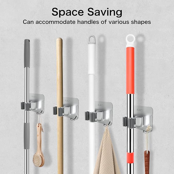 nacena 4 Pack No Drill Self Adhesive Broom Mop Holder Wall Mount with Hooks, Heavy Duty Stainless Steel Organizer for Kitchen Bathroom Garage Storage,Silver