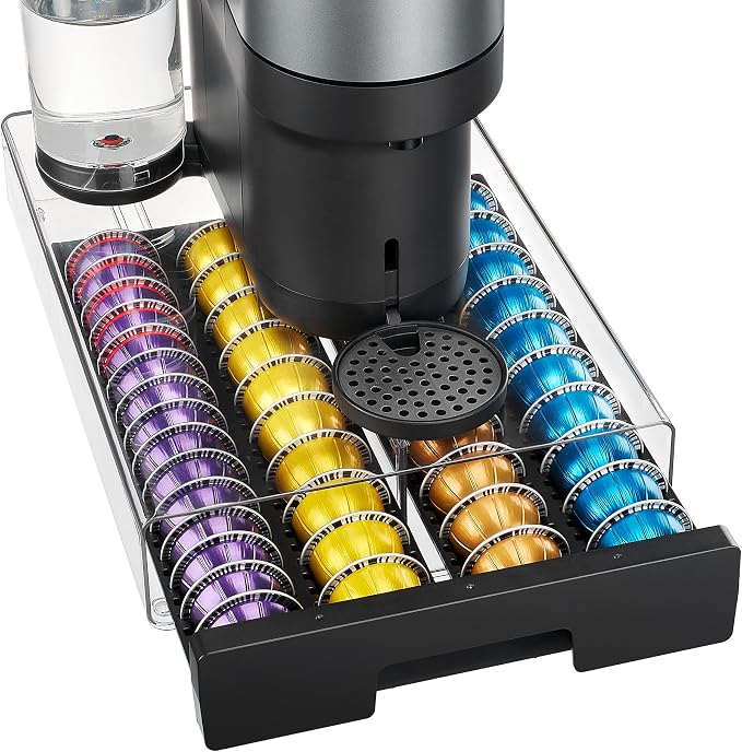 Vtopmart White Coffee Pod Drawer Organizer for Nespresso Vertuo Pods, Holds 40 Large or 60 Small Capsules, Acrylic Coffee Pod Holder with Smooth Pull-Out, Anti-Slip Clear Storage