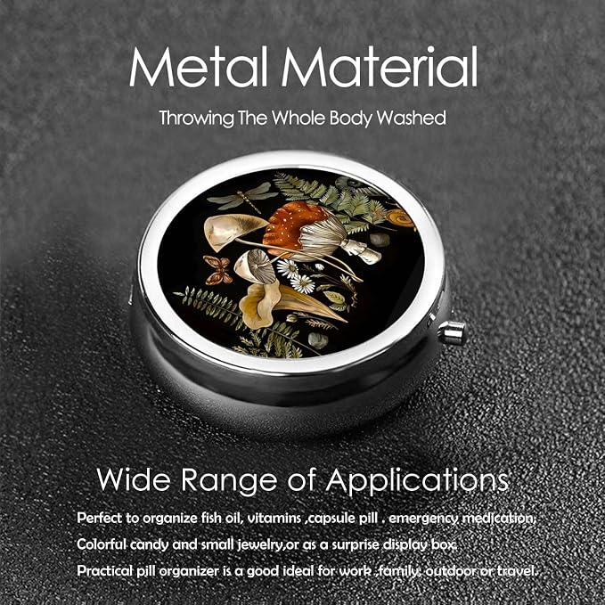 Pill Box, Small Pill Organizer with 3 Compartments and Mirror, Cute Round Portable Travel Metal Pill Case for Pocket or Purse, Privacy-Protecting Medicine Box-Retro Mushroom