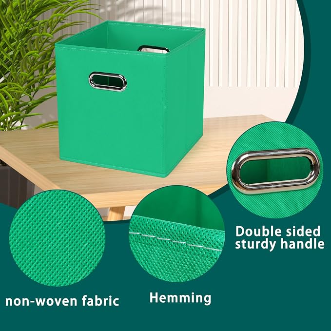 Black Foldable Storage Cubes Bins, Fabric Storage Box Cubes Organizer Baskets with Dual Handles for Home Organizer,Set of 3,(Green)
