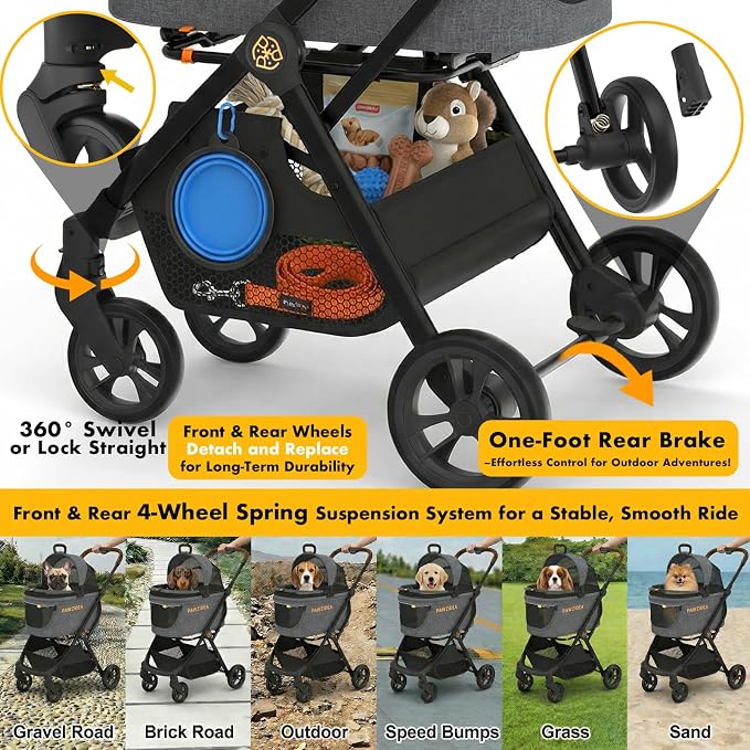 PAWZIDEA Pet Stroller 4-in-1, Foldable Cat Stroller with Detachable Carrier | Escape-Proof No-Zip Canopy, Portable Travel Crate & Car Seat Combo, for Small to Medium Dogs & Cats up 33 lbs, Storage Basket