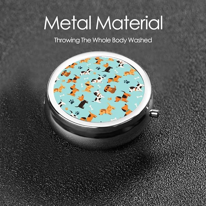 Mini Pill Organizer, Cute White Brown Dogs Round Compact Dispenser, Portable Holder for Fish Oil, Travel Pill Box Purse Use for Students