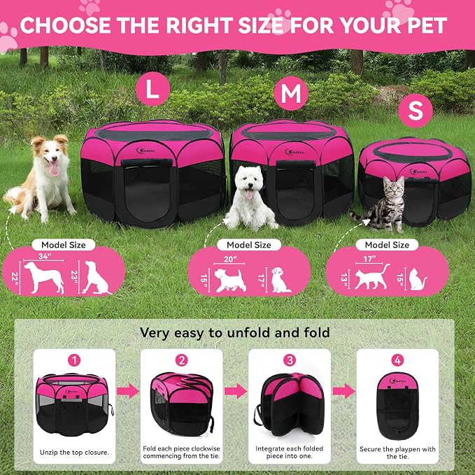Siedihit Dog Playpen, Puppy Pet Playpens Indoor for Small Dogs Tent Crates | Cage Indoor/Outdoor, Portable Pop Up Dog Kennel Playpen with Carrying Case for Dogs/Cats/Rabbits, Hot Pink