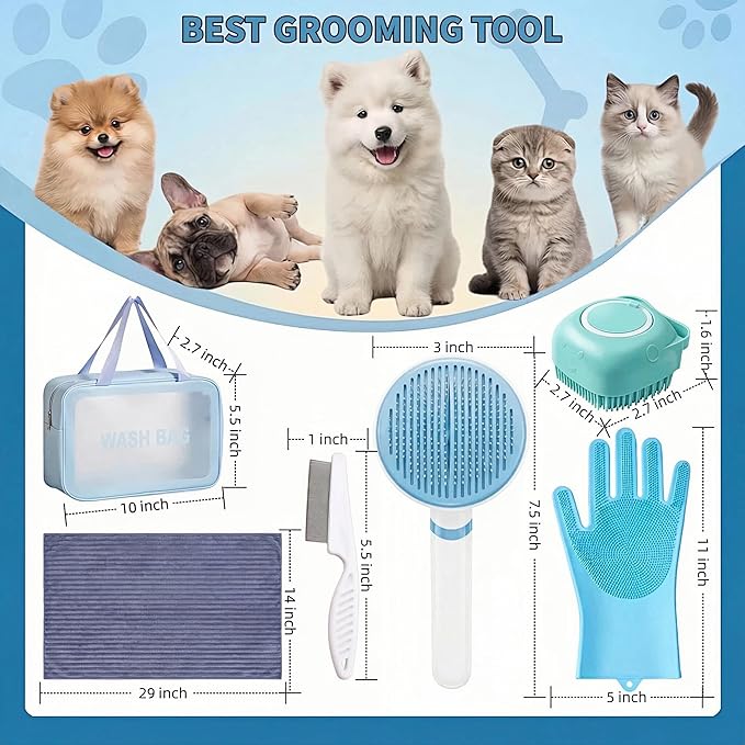 6PCS Dog Bath Kit & Dog Brush Kit - Professional Pet Grooming Tools Set for Dogs & Cats, Includes Shedding Brush, Bath Scrubber & Dematting Combs - Complete Dog Washing Essentials Blue