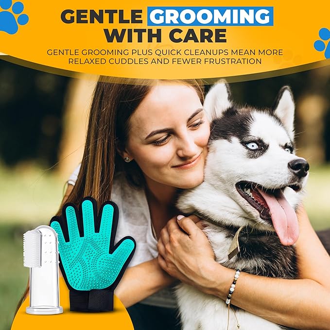 Dog Toothbrush Kit + Pet Hair Removal Glove – 4 Silicone Finger Toothbrushes with Travel Cases – Pet Dental Care & Teeth Cleaning, Plaque & Tartar Control – Dog Grooming Gloves – Free QR eBook