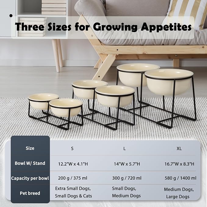 Ceramic Elevated Dog Bowl Set - Raised Double Feeding Bowls with Metal Stand - Pet Dishes for Medium and Large Dogs - 5.8 Cups - 47.3 fl oz - Beige