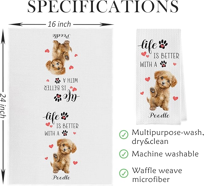 Poodle Gifts Dish Towels Set - Funny Poodle Gifts Waffle Weave Kitchen Towels, Dog Hand Tea Towel, Dog Lover Gift for Women (16×24 Inches Set of 2)