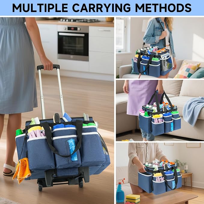 Large Rolling Cleaning Caddy Bag with Detachable Trolley,Cleaning Cart on Wheels with Shoulder Strap,Cleaning Supplies Organizer for Housekeepers,Blue