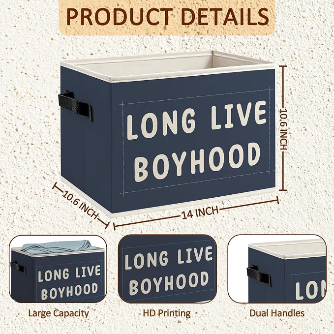 Boy Nursery Foldable Storage Bins Box with Handles, Long Live Boyhood Navy Blue Decorative Storage Boxes Baskets Toybox Organizer for Kids Boy Nursery Toddler Room Bedroom Playroom