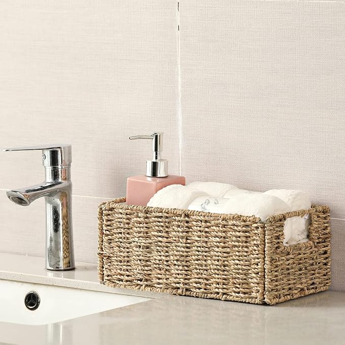 Wicker Storage Basket, Set of 2 Hand-Woven Storage Baskets for Organizing, Small Wicker Basket for Toilet Paper, Foldable Large Cube Storage Organizer Basket Bins for Shelves (Sea Grass)