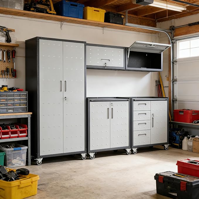 Garage Cabinet System | Heavy Duty Steel All-in-One Modular Garage Cabinet Set for Ultimate Workshop Organization | Easy Assembly Garage Storage Cabinets & Tool Bench