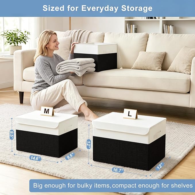 Large 22 Quart Linen Fabric Foldable Storage Bin Cube Organizer Basket with Flip-Top Lid & Handles, Clothes Blanket Box for Home, Office, Closet, Black & White, 4 Pack 14.6 x 9.5 x 9.5