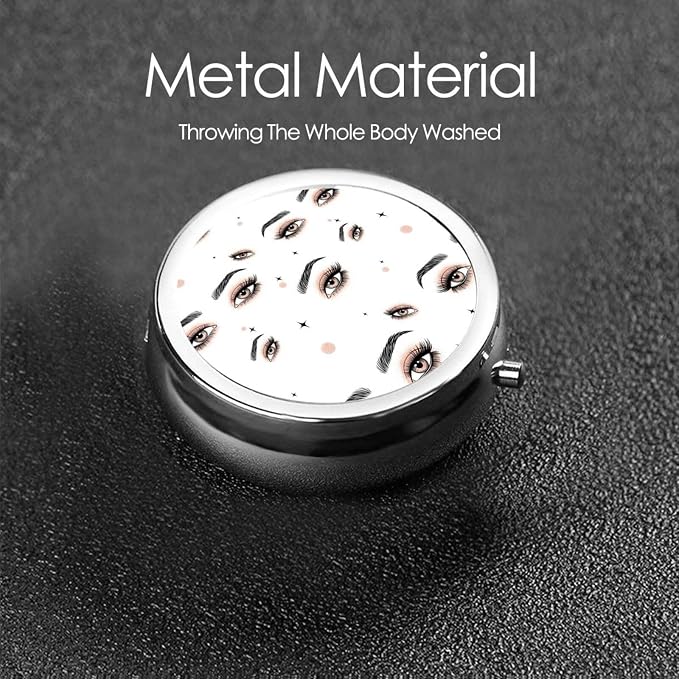 Round Pill Holder, Waterproof Organizer Case, Compact Travel Pill Box for Vitamins, Pocket Purse Use for Seniors, Gold Glitter Eyeshadow Beautiful Eyes Eyelash Black Lashes
