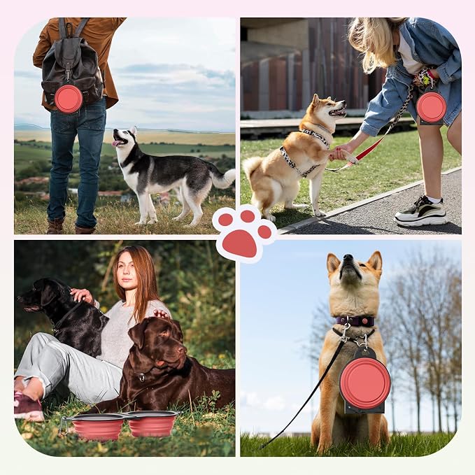 Pawaboo 2-in-1 Collapsible Dog Bowls, 180° Flip Over Dual Puppy Bowls | Food and Water Portable Silicone Dog Bowl with Metal Hook, 450ml Pet Travel Feeder Bowl for Walking Hiking Camping,Light Pink