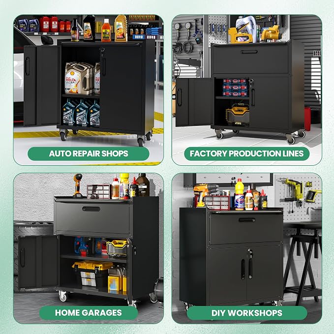 Garage Cabinets,Metal Garage Storage Cabinet with Wheels,Black Lockable Rolling Tool Cabinet with Drawer and Adjustable Shelves,Heavy Duty Tool Chest for Home Office Utility Room