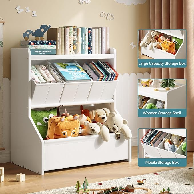 Kids Toy Storage Organizer with Wooden Display Shelf for Playroom & Nursery | Open shelves and removable bins encourage children to read, play and clean up independently, patent design