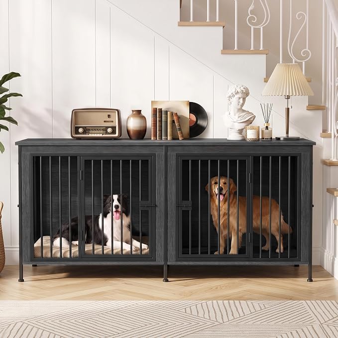 EasyCom 78" Wooden Double Dog Crate with Divider & Raised Legs, Gray | Raised Legs, For 1–2 Small to Large Dogs, Multiuse TV, Plant & Display Stand