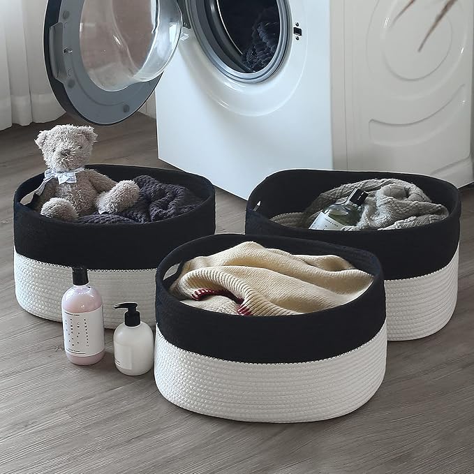 ECDYQXVU 15x10x9 Inch Woven Cotton Rope Storage Basket, 2 Pack | Foldable Design, Built-in Handles, Space-saving Organizer for Living Room, Bedroom, Laundry, Shelves, Clothes, Towels