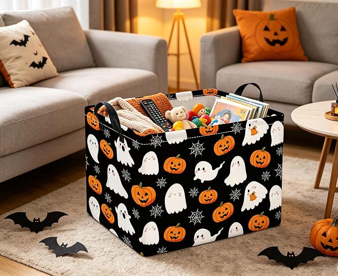 Rectangular Halloween Basket for Boys and Girls Kids Trick or Treat Pumpkin Basket for Halloween Parties Cute Storage Bin Organizer Box Room Decor(Spider Web Ghost)