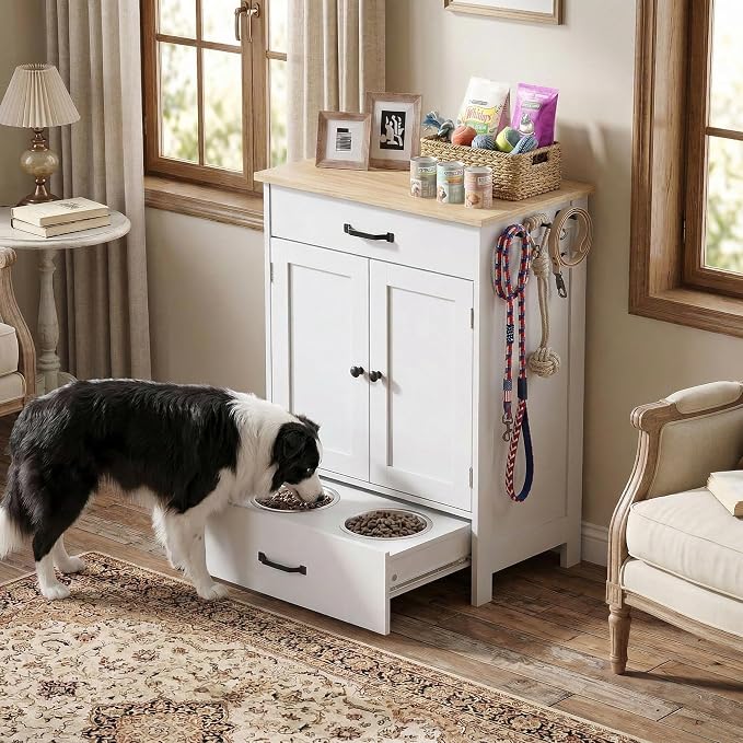 Dog Feeding Station Food Storage with 2 Elevated Stainless Bowls White Wood | Pet Organizer Cabinet With Adjustable Shelf Sliding Drawer Hidden Feeder ,Toy Organization Container for Cats & Dogs