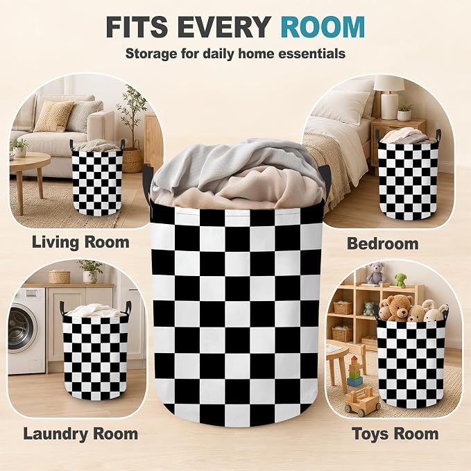 Laundry Hamper,Black White Checkerboard Collapsible Laundry Basket with Handles,Checkered Waterproof Oxford Cloth Clothes Organizer for Bedroom Bathroom Dorm Nursery,16 x 20 Inch