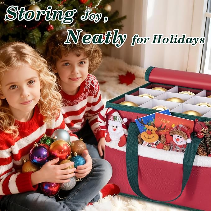 Christmas Ornament Storage Box with Adjustable Dividers Zippered Top Stores up to 36 Holiday Ornaments (4 Inch) Xmas Ball Decorations Organizer Storage Container Bin