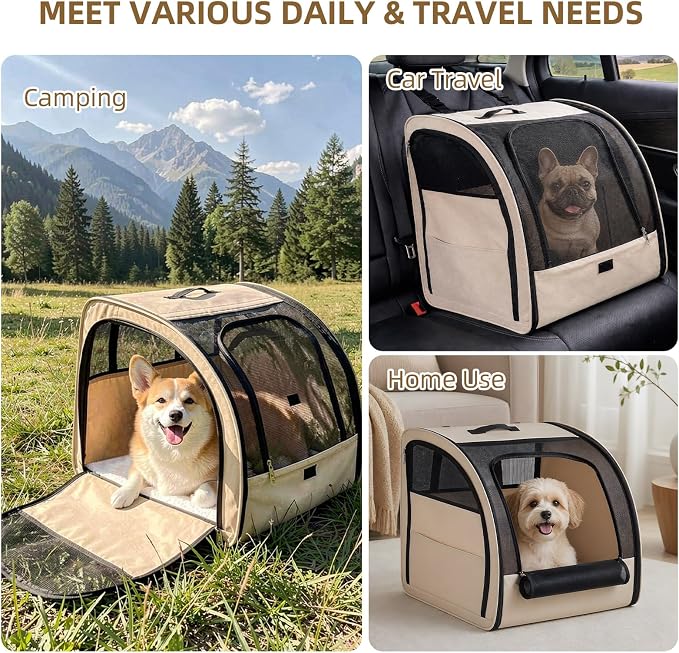 Dog Car Seat for Small Medium Dogs & Cats, Soft-Sided, Beige | Collapsible Pet Travel Carrier, Breathable Mesh, Car Kennel Secured with Seatbelt, Washable Pad, Enclosed Backseat Dog Crate
