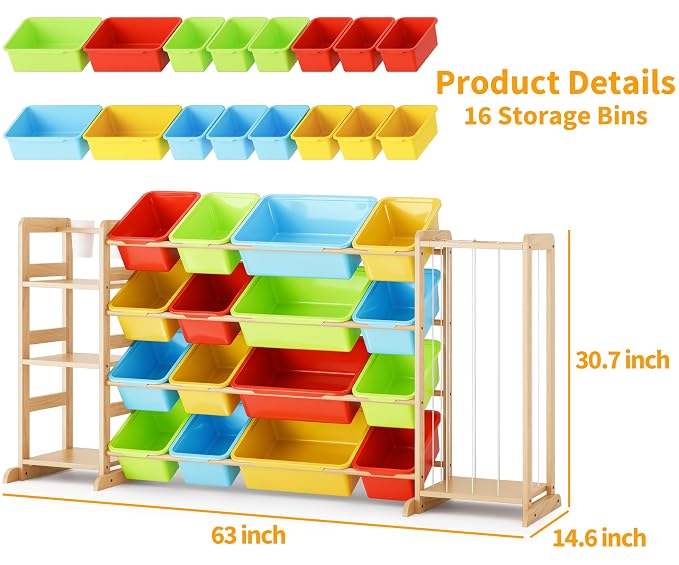 Toy Storage Organizer with Bookshelf and Stuffed Animal Storage - Playroom Organization with Shelves and 16 Bins - Living Room Box for Lego - Nursery Bedroom Decor Essential