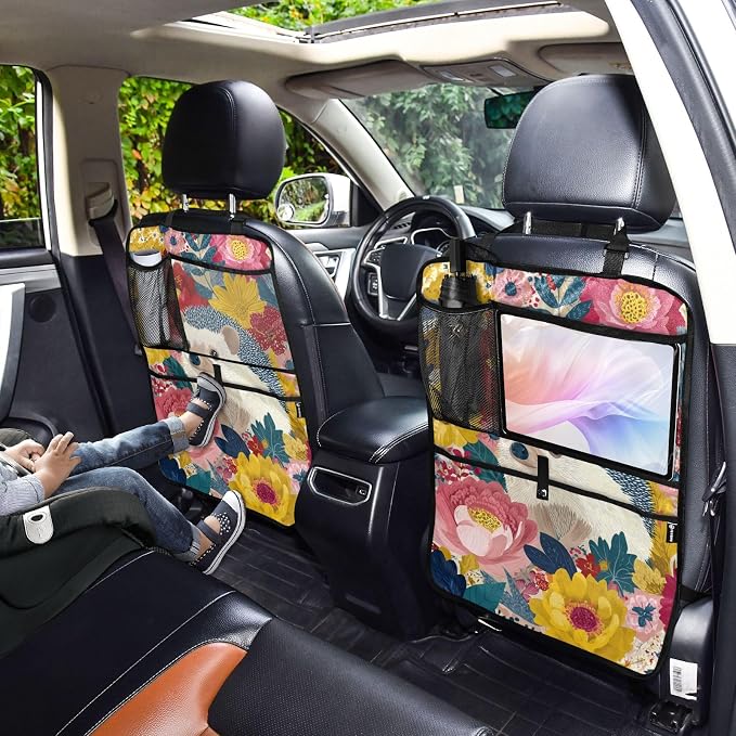 2 Pack Back Seat Car Organizer with Storage Pockets Kick Mats Back Seat Protector Hanging Car Organizer Automotive Seat Back Cover Organizers Garden Flowers Hedgehogs Colorful