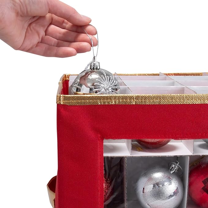 Simplify 64 Count Large Storage Box | Dimensions : 12.01 x 12.01 x 12.01 | Stackable Dividers | Holds up to 64 Ornaments | Red | Easy Carry Handles | Collapsible | Christmas Organization