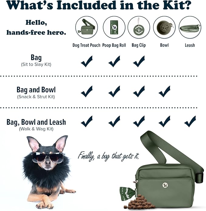 Puppington 3-in-1 Crossbody Dog Treat Pouch for Pet Training - Compostable Poop Bags, Built-In Poop Bag Dispenser, Slow-Feeding Travel Dog Bowl & Reflective Leash - Dog Walking Bag (Basil Green)