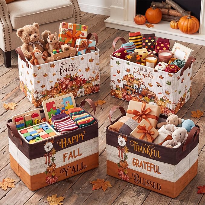 4 Pcs Fall Storage Basket for Gifts Empty Large Pumpkin Storage Bins with Handles 15 x 10 x 8 Fabric Laundry Baskets Autumn Harvest Collapsible Organizer Boxes for Thanksgiving Home Cloth Toys