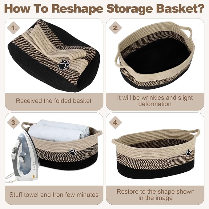 Optish 40L Extra Large Dog Toy Basket, XL Toy Storage Box and Bin with Handles, 20" x 14" x 9" Woven Cotton Rope Foldable Basket for Blankets, Living Room, Bedroom, Home Decor, Black & Brown