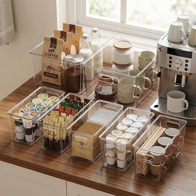 MOONEDGE Set of 12 Clear Plastic Storage Organizer Bins, 4 Large & 8 Small | Under-Sink Storage Containers, Bathroom, Kitchen, Fridge, Cabinet Organization, Clear Bins for Organizing, Small Storage Bins