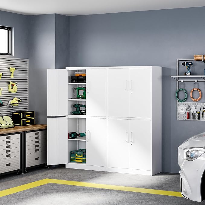 Metal Storage Cabinet with Lock Door, Adjustable Shelf Steel Cabinets for Office, Home,Pantry,Kitchen,Garage Utility Cabinet (4 Door-White)