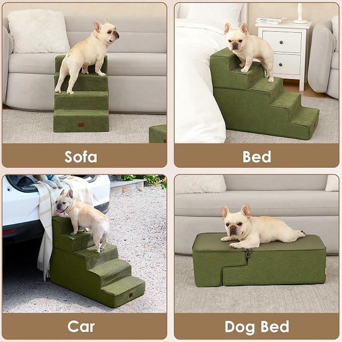 EHEYCIGA Dog Stairs for Bed 18" H, Dog 4-Steps for High Bed, Olive Green | Pet Steps for Small Dogs and Cats, Non-Slip Balanced Pet Ramp Indoor