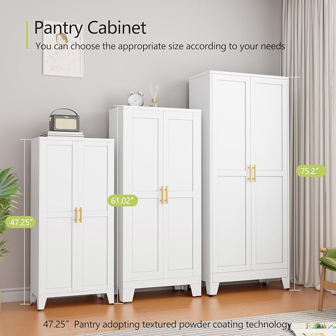 GAIOUS Metal Pantry Cabinet, Kitchen Pantry Storage Cabinets with 2 Door | and 3 Adjustable Shelves, White Kitchen Pantry Cabinet, Freestanding Cupboard for Dining Room Living Room Bathroom