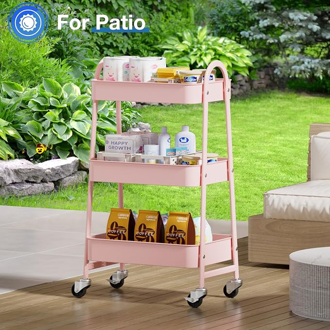 OLIXIS Metal Rolling Storage Utility Cart with Lockable Wheels 3 Tiers | Mobile Organizer Shelf, Space-Saving, Freestanding, Bathroom, Living Room, Slim, Narrow Corner Spaces, Pink