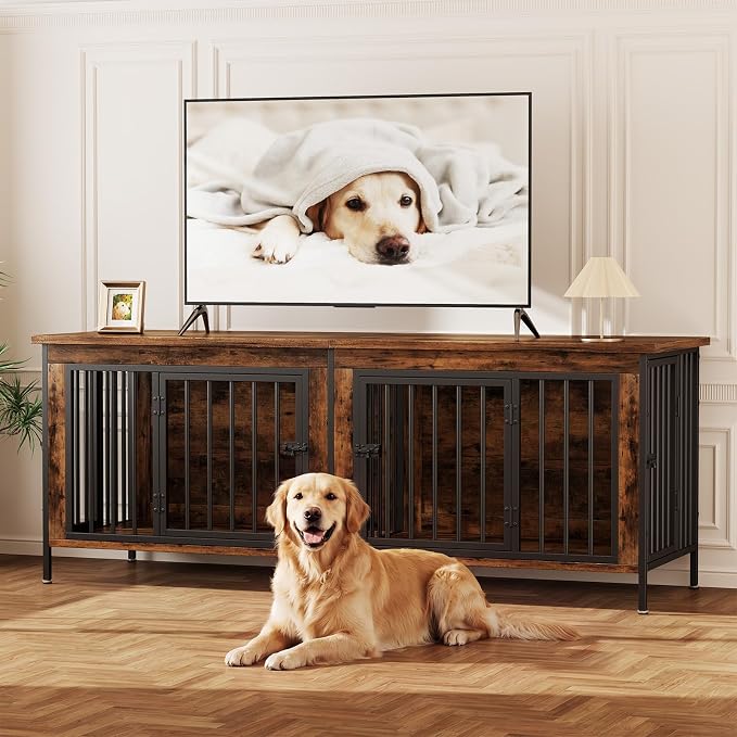 DUMOS 63" Dog Crate Furniture for 2 Dogs with Divider, Rustic Brown | Wooden Dog Kennel Furniture, Medium Breed Center Divider and Double Doors, Heavy Duty Indoor Dog Cage, TV Stand, Side Table