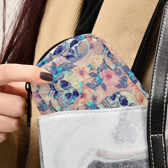Fustylead Bright Beautiful Human Skulls and Flower Pill Organizer for Purse, Weekly Portable Pill Box with Zipper to Storage Vitamins Fish Oils Medications Supplements