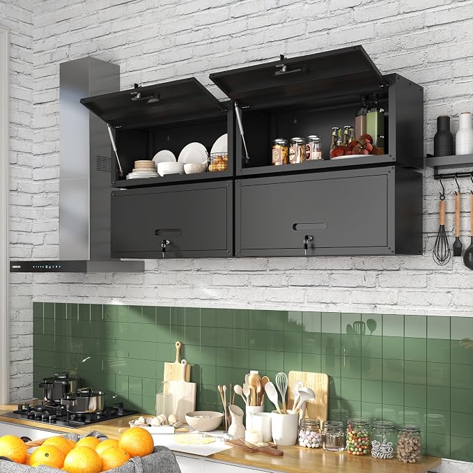 Metal Storage Cabinet for Garage, Tool Cabinet, Utility Cabinet | Wall Mounted, Hanging Tool Cabinet, Lockable, Flip-up Cabinet Door, Assembly Required, Black