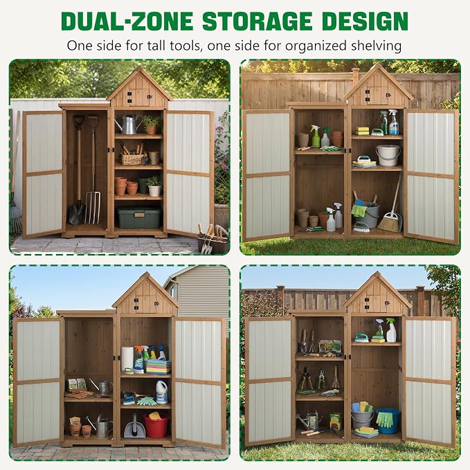 Ketive Outdoor Storage Cabinet, 67" Wooden Garden Tool Storage Shed | Shelves, Metal Panels, Top Storage Compartment, Asphalt Roof, Ground Anchors for Patio, Backyard, Garden Tools