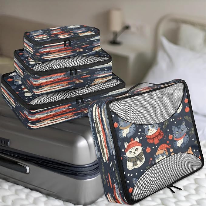 Packing Cubes for Travel, Woodland Holly Christmas Holiday Travel Luggage Packing Organizers for Women Men, Large Custom Toiletries Bag for Cosmetics Toiletries, Cute Cat
