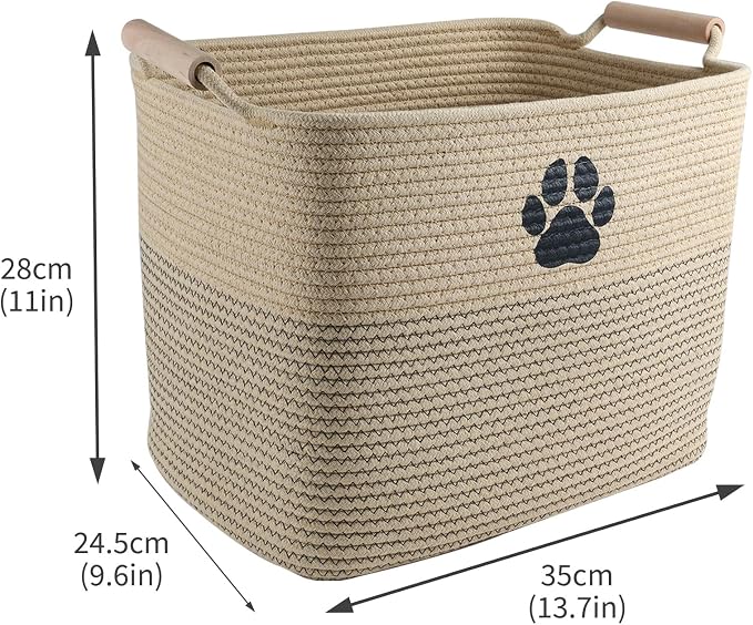 Woven Dog Toy Basket, Dog Toy Bin for Living Room Area, Dog Basket | 100% Cotton Rope Basket With Wood Handle, Dog Stuff Storage Organizer, Pet Toy Basket For Toy,Blanket,Clothes-L13.7''×W10.2'