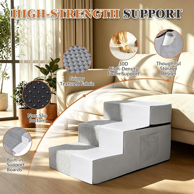 Dog Stairs for High Bed, Dual Reinforced Support Pet Steps for Large Dogs | 18" H Foam Pet Ramp with Storage Pocket, Washable Cover and Anti-Slip Bottom for Easy Climb, Senior Dogs & Cats Up to 120lbs