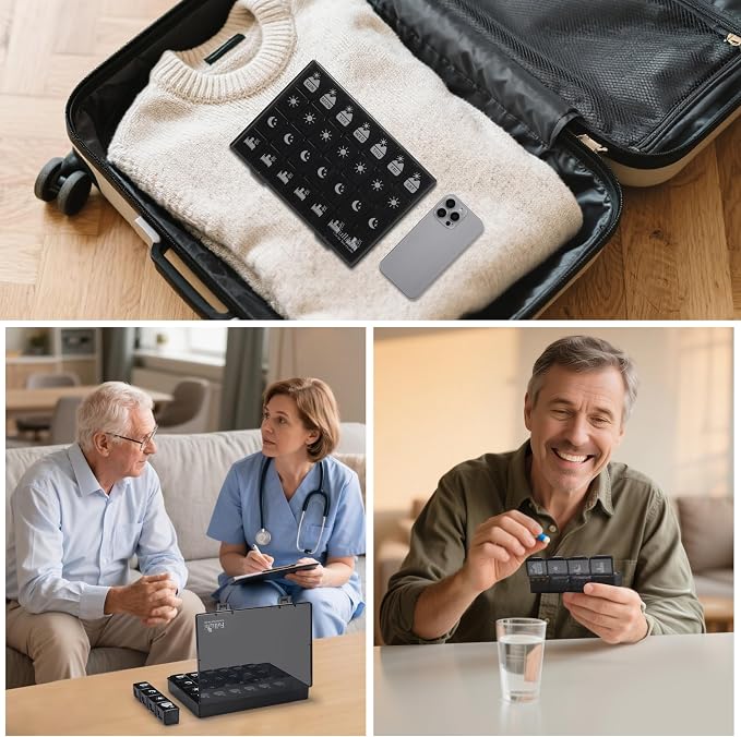 Fullicon Large Pill Organizer 4 Times a Day, 7 Day Pill Box, Black | Each Compartment Holds 12 Fish Oils or 13 Vitamins, Clear Daily Icons, Durable Printing, Easy Open, Secure Snap Lids
