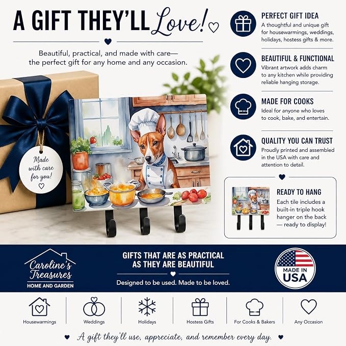Caroline's Treasures Basenji The Chef Leash or Key Holder Wall Hooks, Key Hooks Holder, Coat Rack Wall Mount, Coat Hooks, Hooks for Hanging Keys, Towels, Aprons, Leashes | Basenji The Chef artwork on ceramic tile with three steel hooks for keys, leashe...