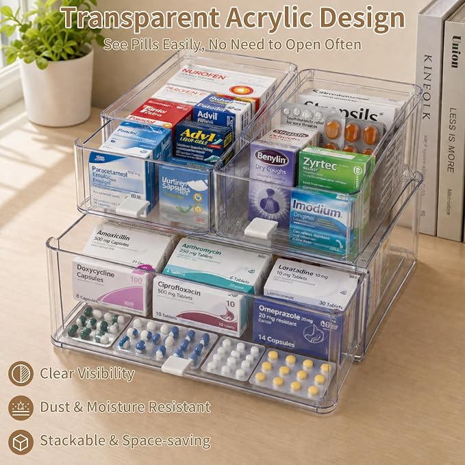 Pull Out Medicine Cabinet Organizer, Clear Acrylic Drawer Storage Organizer with Sliding Trays, Stackable Bathroom Countertop Medication Caddy for Vitamins, Pills, First-Aid Supplies